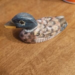 Hand-Painted Wooden Duck Figurine in Blue and Pink Tones
